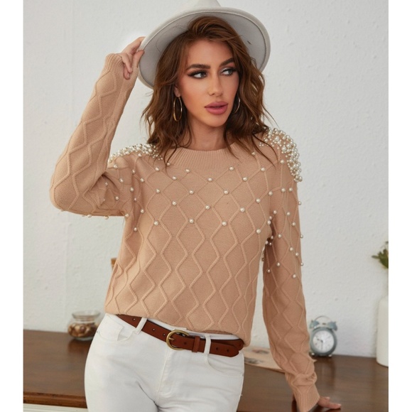Pearl Embellished Camel Knit Textured Sweater - Picture 2 of 8